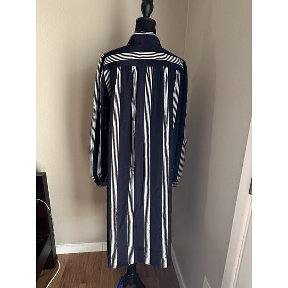 Vtg Chez California Designed By Tandy Navy White Striped Collar Neck Tie Dress - Picture 9 of 13